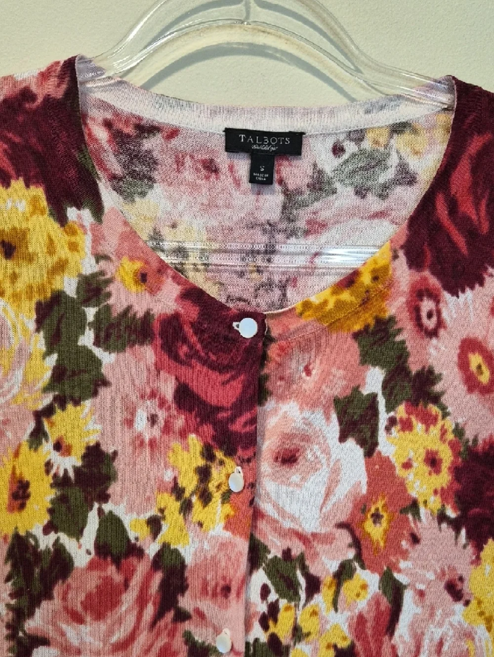 Talbots Silk/ Cotton  Floral Crewneck Cardigan in Pink, Yellow & Burgundy